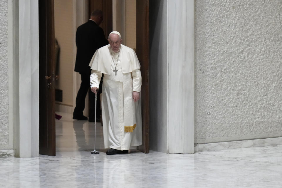 Pope Francis arrives for his weekly general audience in the Paul VI Hall at the Vatican, Wednesday, Dec. 28, 2022. (AP Photo/Alessandra Tarantino)