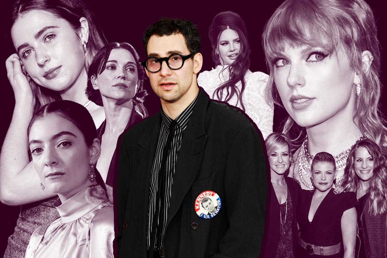 Jack Antonoff, with a number of his musical collaborators behind him: Lorde, Clairo, St. Vincent, Lana Del Rey, Swift, the Chicks.