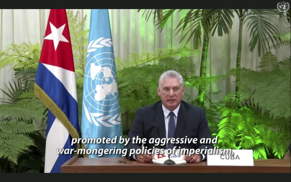 In this image made from UNTV video, Cuban President Miguel Diaz-Canel speaks in a pre-recorded message which was played during the 75th session of the United Nations General Assembly, Tuesday, Sept. 22, 2020, at U.N. headquarters in New York. The U.N.'s first virtual meeting of world leaders started Tuesday with pre-recorded speeches from some of the planet's biggest powers, kept at home by the coronavirus pandemic that will likely be a dominant theme at their video gathering this year. (UNTV via AP)