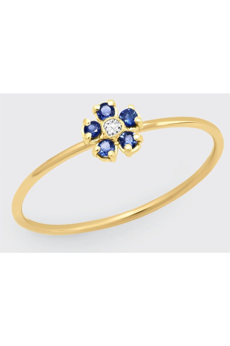 Blue Sapphire and Diamond Center Flower Ring in 18K Yellow Gold, Size 6.5