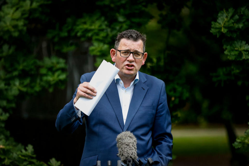 Victorian Premier Daniel Andrews speaks to the media at the daily press conference in Melbourne, Australia.