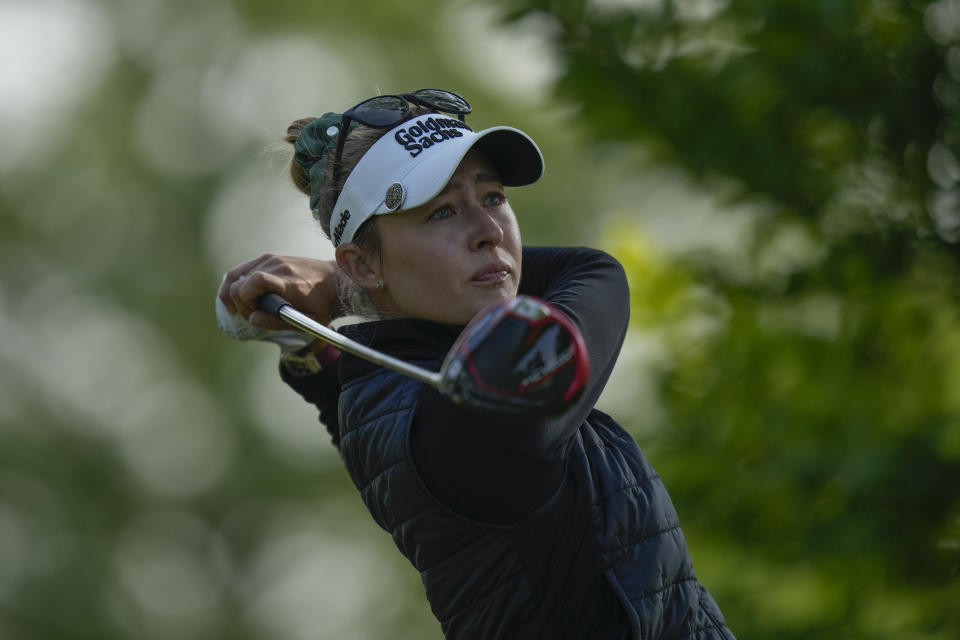 Nelly Korda hits off the second tee during the first round of the LPGA Cognizant Founders Cup golf tournament, Thursday, May 11, 2023, in Clifton, N.J. (AP Photo/Seth Wenig)