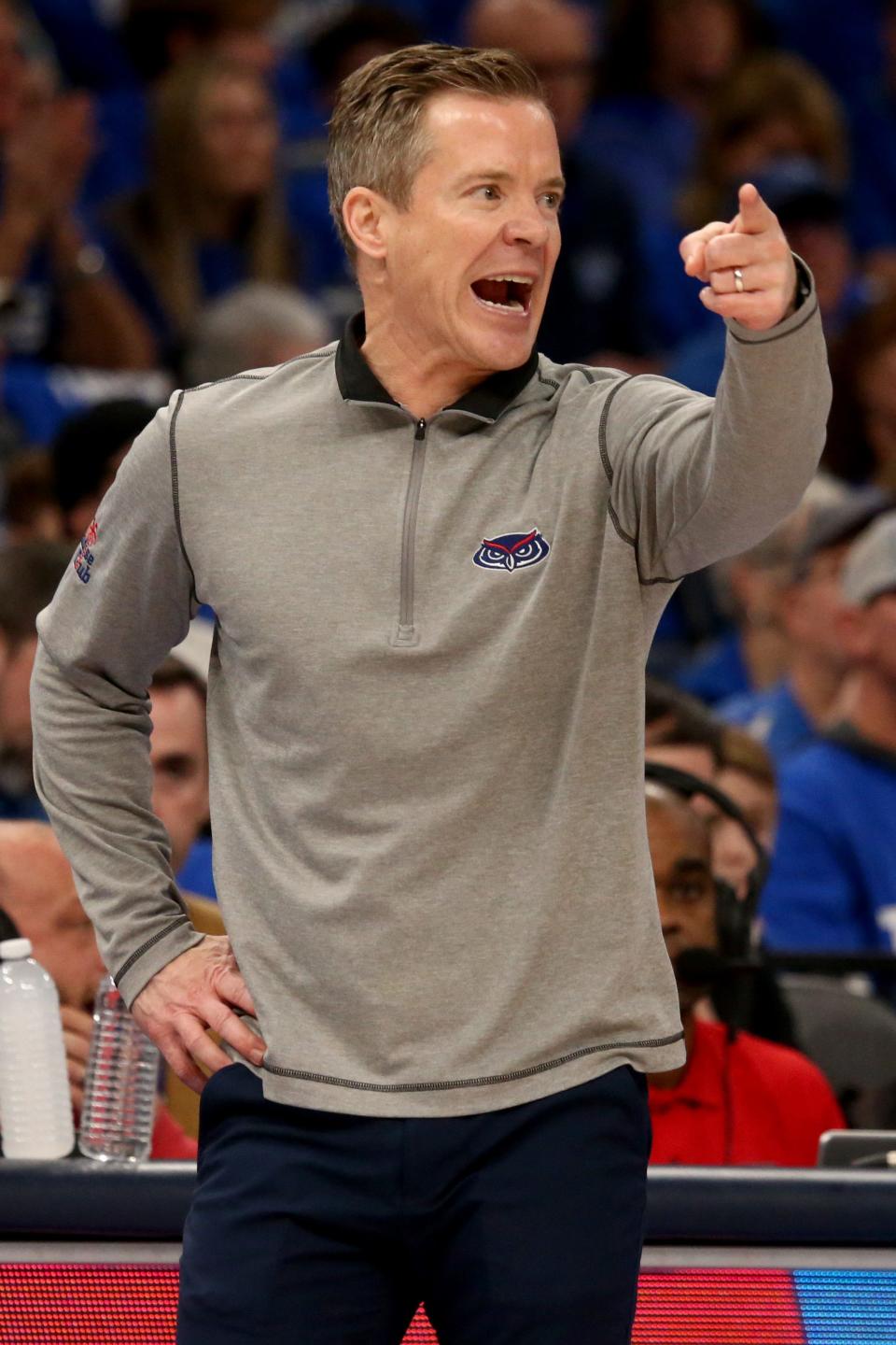 Feb 25, 2024; Memphis, Tennessee, USA; Florida Atlantic Owls head coach Dusty May gives direction during the first half against the Memphis Tigers at FedExForum. Mandatory Credit: Petre Thomas-USA TODAY Sports