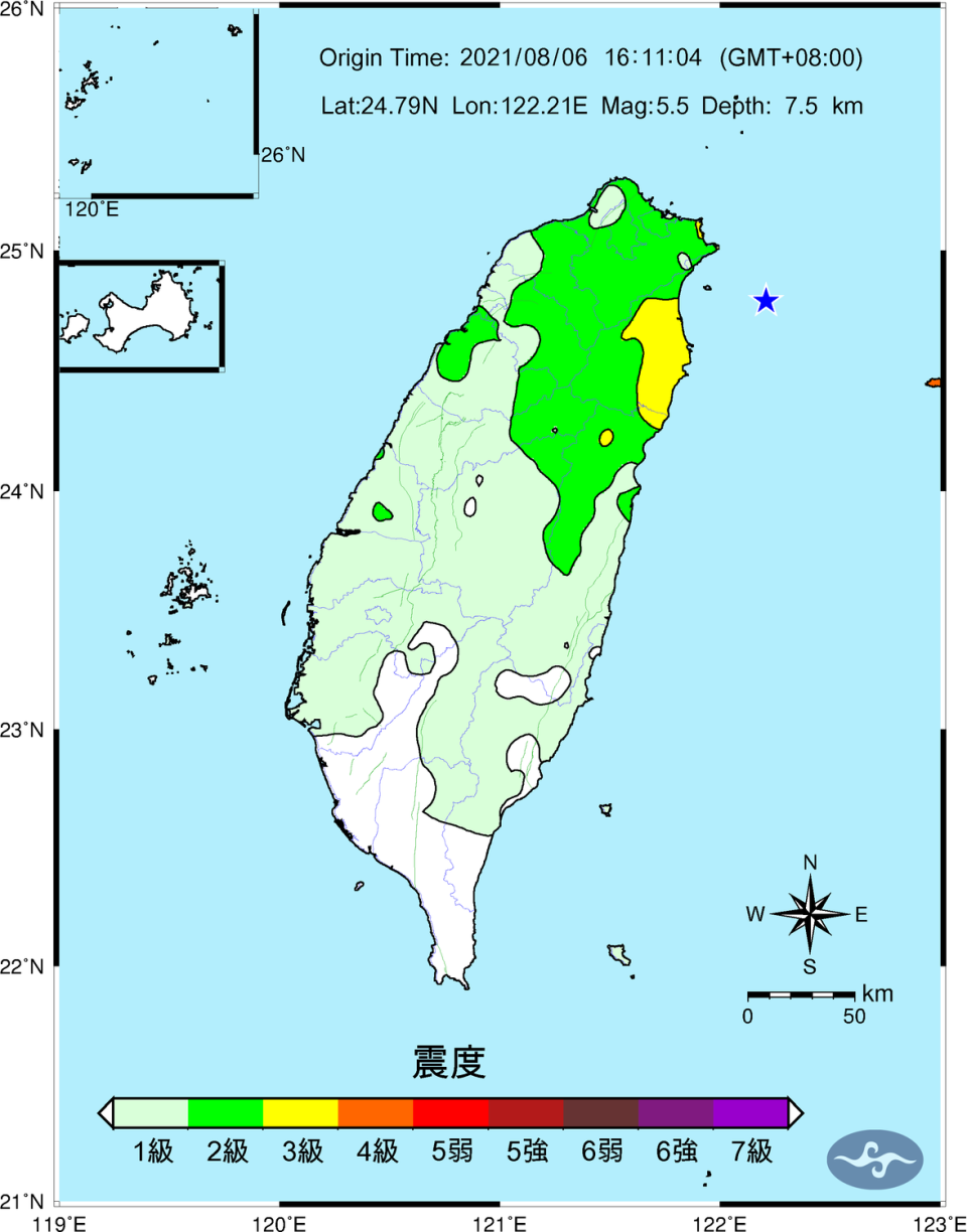 今日下午16:11發生規模5.5地震，氣象局表示，該地震為昨日規模6.1地震之餘震（圖為地震震度圖）。   圖：中央氣象局／提供