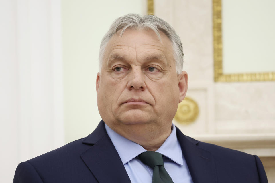 Hungarian Prime Minister Viktor Orban attends a meeting with Russian President Vladimir Putin in Moscow, Russia, Friday, July 5, 2024. (Valeriy Sharifulin, Sputnik, Kremlin Pool Photo via AP)