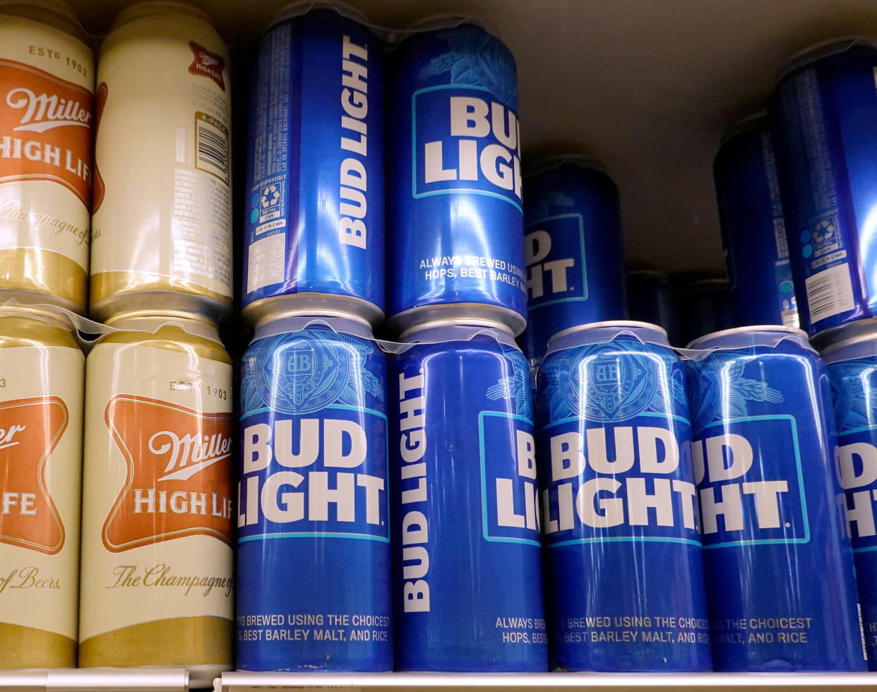 Bud Light cans on a store shelf on July 27, 2023 in Miami, Florida.