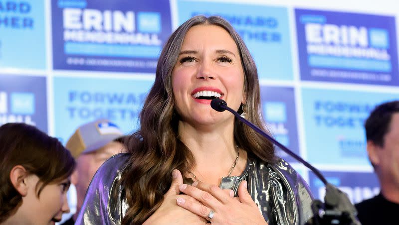 Salt Lake City Mayor Erin Mendenhall speaks after preliminary results show her in a strong lead at an election night watch party for her reelection campaign in the same office building that houses her campaign headquarters in downtown Salt Lake City on Tuesday, Nov. 21, 2023.