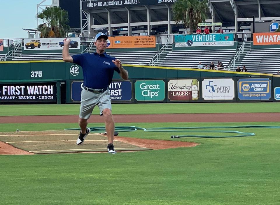 Furyk & Friends tournament host Jim Furyk throws out the first pitch on Wednesday before the Jacksonville Jumbo Shrimp game at 121 Financial Ballpark.