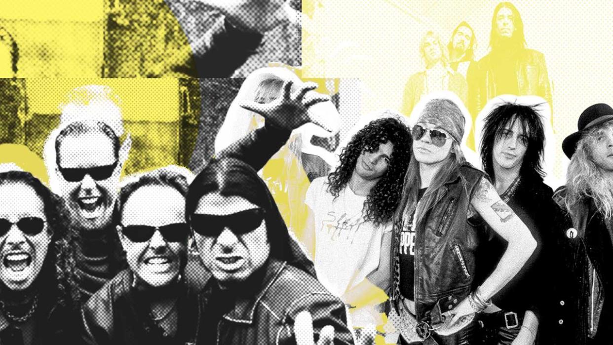  A montage of members of guns n roses, metallica and nirvana on a colourful background. 