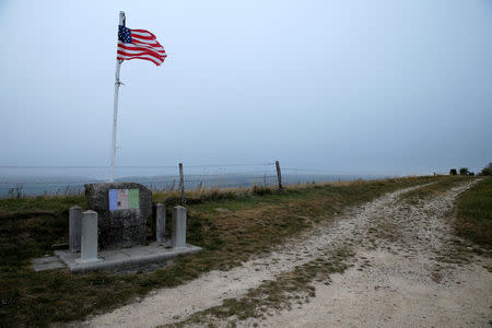 A memorial for U.S. soldier Henry Gunther, generally recognized as the last soldier killed in action in World War I just before the Armistice, is seen at Chaumont-Devant-Damvillers, close to WWI battlefields, near Verdun, France, October 24, 201 few days before the centenial commemoration of the First World War Armistice Day. Picture taken October 24, 2018. REUTERS/Pascal Rossignol