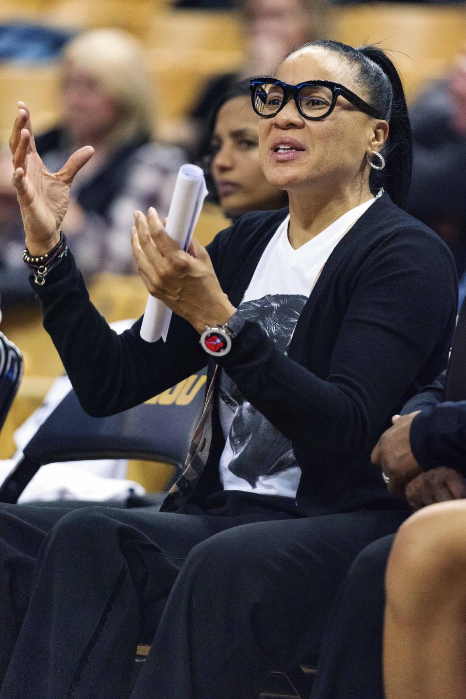 South Carolina head coach Dawn Staley talks to her team from the bench during the second half of an NCAA college basketball game against Missouri Thursday, Jan. 16, 2020, in Columbia, Mo. South Carolina won the game 78-45. (AP Photo/L.G. Patterson)