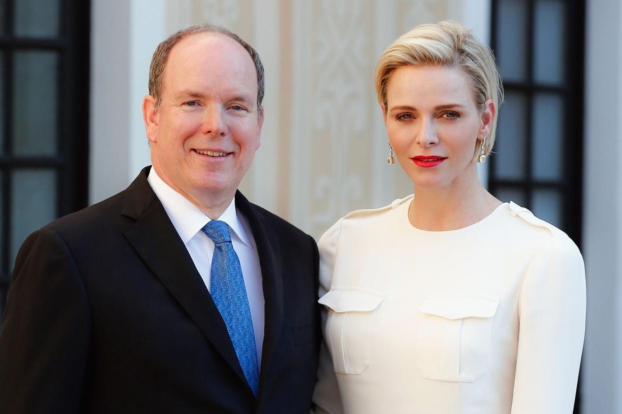 MONTE-CARLO, MONACO - JUNE 17: (EDITORS NOTE: This image has been retouched at original source) (TABLOIDS &amp; ONLINE OUT) Prince Albert II of Monaco and Princess Charlene of Monaco attend the Monaco Palace cocktail party of the 55th Monte Carlo TV festival on June 17, 2015 in Monte-Carlo, Monaco. (Photo by PLS Pool/Getty Images)