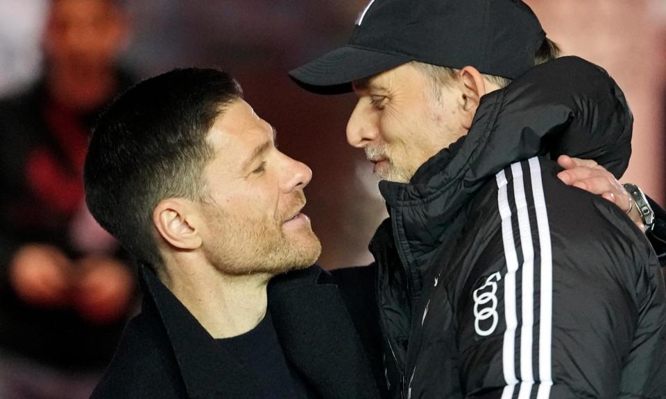 <span>Xabi Alonso (left) with Thomas Tuchel before <a class="link " href="https://sports.yahoo.com/soccer/teams/bayer-04-leverkusen/" data-i13n="sec:content-canvas;subsec:anchor_text;elm:context_link" data-ylk="slk:Bayer Leverkusen;sec:content-canvas;subsec:anchor_text;elm:context_link;itc:0">Bayer Leverkusen</a>’s 3-0 win over <a class="link " href="https://sports.yahoo.com/soccer/teams/fc-bayern-münchen/" data-i13n="sec:content-canvas;subsec:anchor_text;elm:context_link" data-ylk="slk:Bayern Munich;sec:content-canvas;subsec:anchor_text;elm:context_link;itc:0">Bayern Munich</a> this month.</span><span>Photograph: Martin Meissner/AP</span>