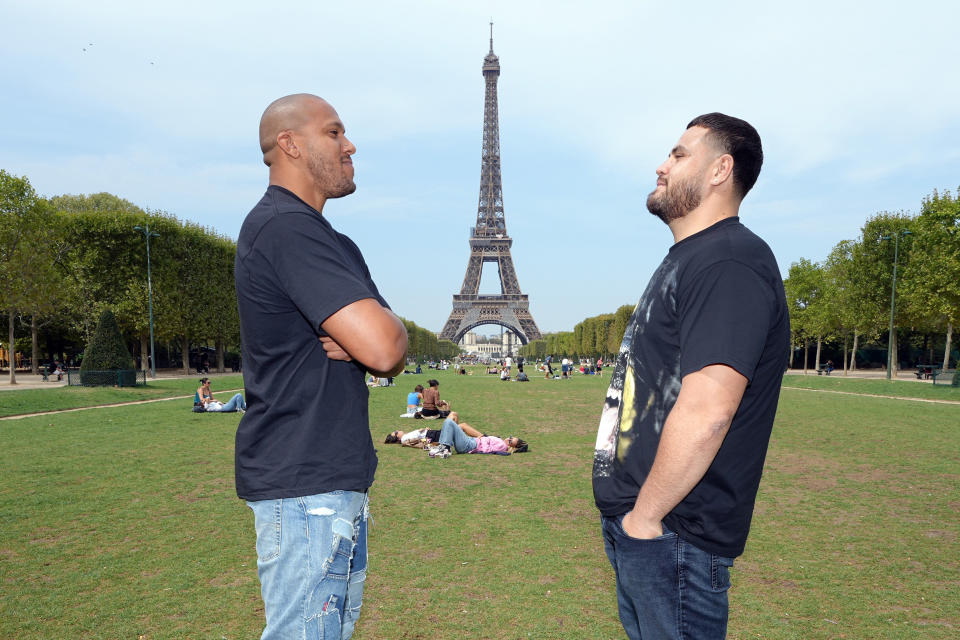 PARIS, FRANCE - AUGUST 30: (L-R) Ciryl Gane of France and Tai Tuivasa of Australia face off during a UFC photo session at Champ de Mars on August 30, 2022 in Paris, France. (Photo by Jeff Bottari/Zuffa LLC)