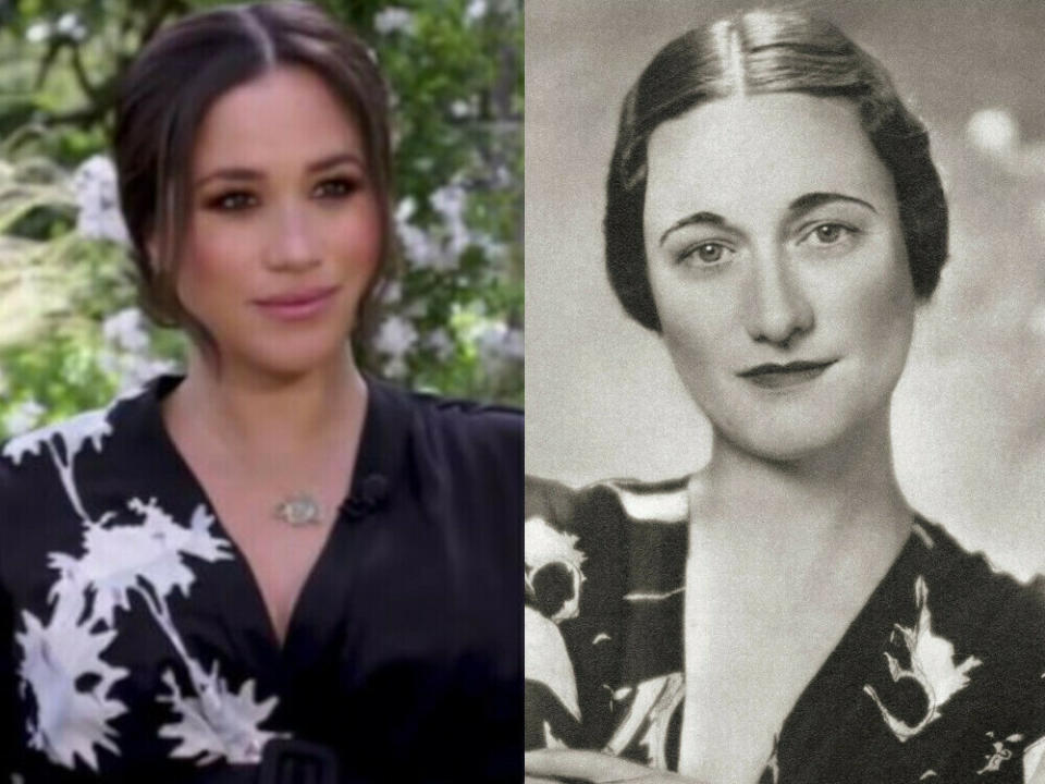 War Herzogin Meghans (l.) Interview-Look von Wallis Simpson - hier im Jahr 1936 - inspiriert? (Bild: [M] Screenshot/Youtube/CBS / IMAGO / Design Pics)