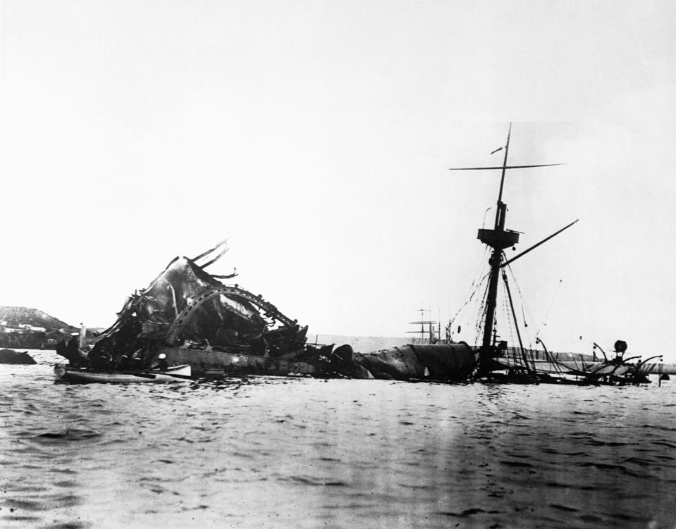 The remains of the USS Maine in Havana harbor in 1898. The cause of the blast that sank the vessel was never determined, but the incident inflamed tensions between Spain and the United States, and led to the start of the Spanish-American War. “Remember the Maine!” became an American rallying cry. (Photo: Corbis via Getty Images)