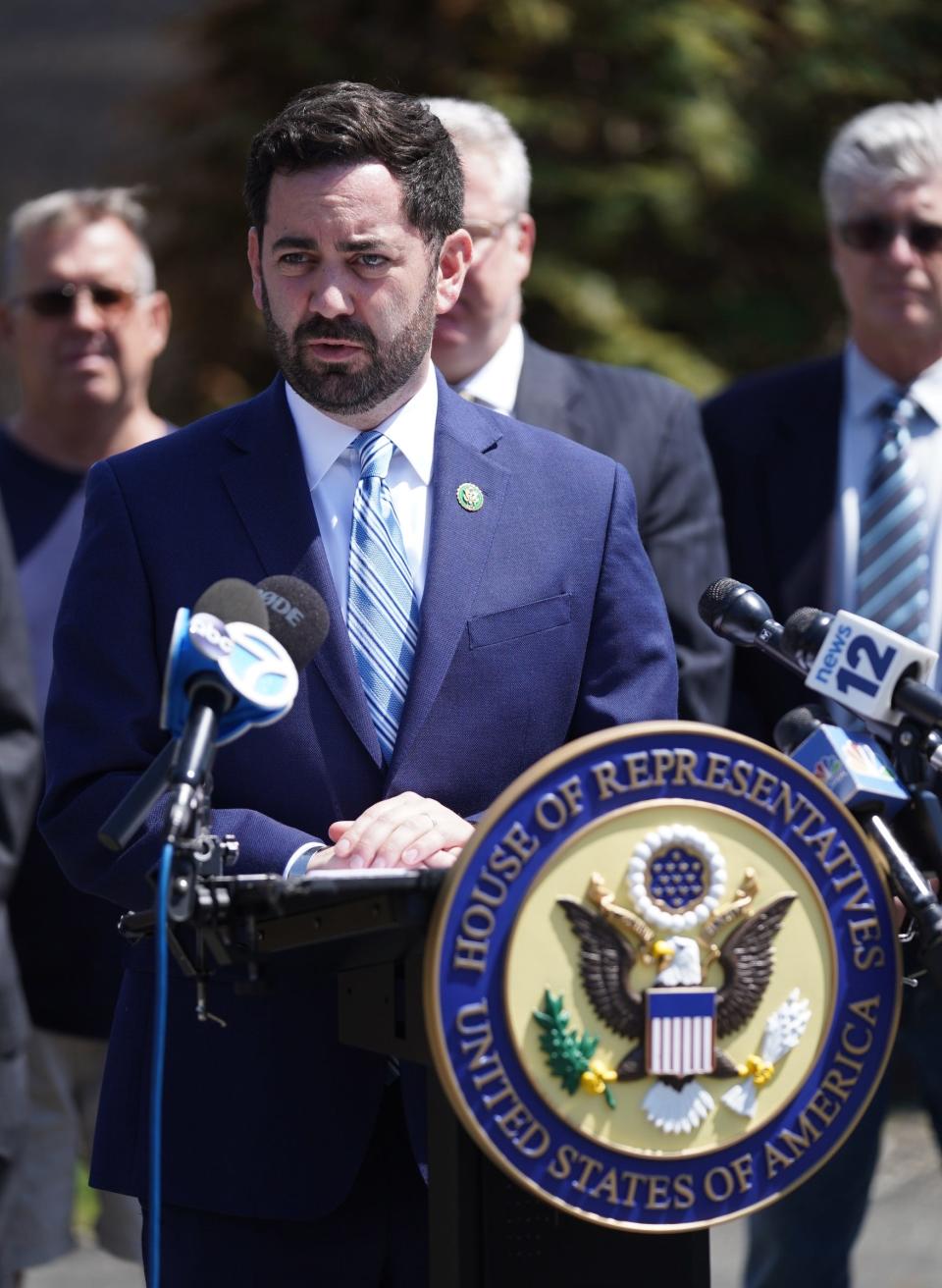 Congressman Mike Lawler speaks at a press conference in Congers in Rockland County on Friday, April 21, 2023.