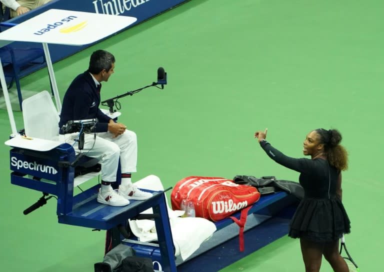 Serena Williams argues with chair umpire Carlos Ramos on her way to defeat to Japan's Naomi Osaka in the US Open final