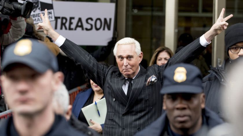 Roger Stone leaves federal court Friday, Feb. 1, 2019, in Washington. Stone appeared for a status conference just three days after he pleaded not guilty to felony charges of witness tampering, obstruction and false statements. (AP Photo/Andrew Harnik)