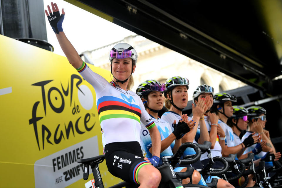 CAHORS FRANCE  JULY 26 Annemiek Van Vleuten of The Netherlands and Movistar Team prior to the 2nd Tour de France Femmes 2023 Stage 4 a 1771km stage from Cahors to Rodez 572m  UCIWWT  on July 26 2023 in Cahors France Photo by Alex BroadwayGetty Images