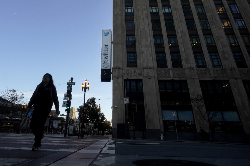 Twitter headquarters is shown in San Francisco, Friday, Oct. 28, 2022. Elon Musk has taken control of Twitter after a protracted legal battle and months of uncertainty. The question now is what the billionaire Tesla CEO will actually do with the social media platform. (AP Photo/Jeff Chiu)