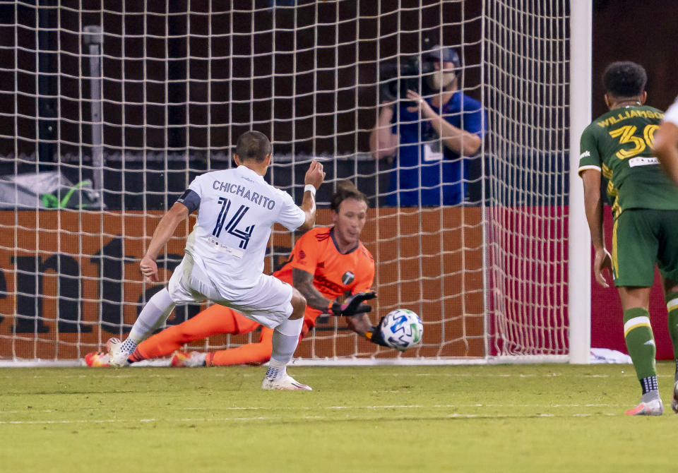 ORLANDO, FL - JULY 13: Los Angeles Galaxy forward Javier Hernandez (14) gets his PK blocked during the MLS Is Back Tournament between the LA Galaxy v Portland Timbers on July 13, 2020 at the ESPN Wide World of Sports, Orlando FL. (Photo by Andrew Bershaw/Icon Sportswire via Getty Images)