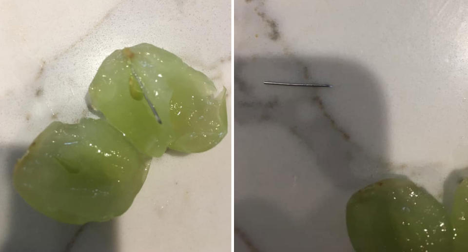 Grape bought from ALDI shown with needle inside and on the bench after being pulled out.