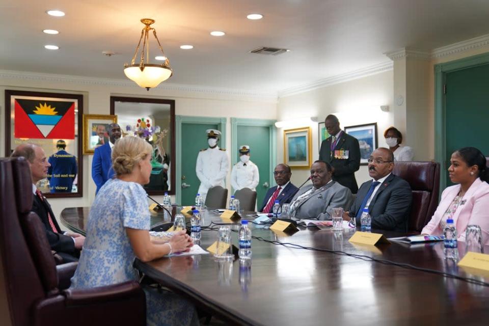 The Earl and the Countess of Wessex meeting Gaston Browne, Prime Minister of Antigua and Barbuda at Government House (Joe Giddens/PA) (PA Wire)