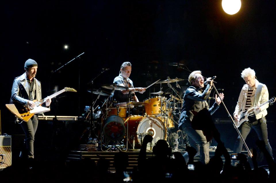 The band U2 performing in May 2015 in Inglewood, California.