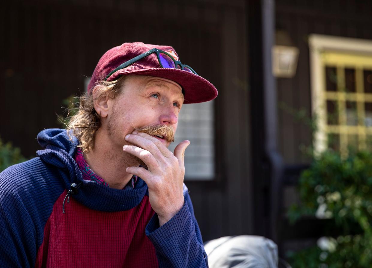 PCT hiker John Proska of Chicago talks about his experiences so far on the trail while taking rest in Idyllwild, Calif., Thursday, May 11, 2023. 