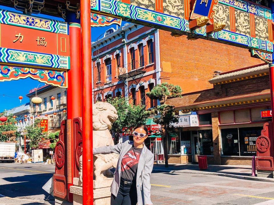 simone posing in chinatown in victoria canada