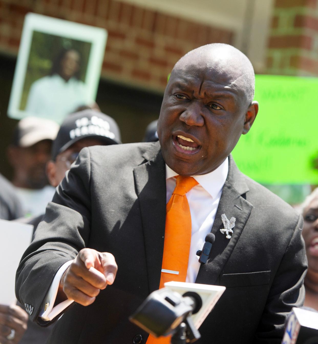 Civil rights attorney Ben Crump, calls for the release of the dashcam video of the death of 17-year-old Kadarius Smith during a news conference in Leland, Tuesday, April 16, 2024. Smith was allegedly run down by a Leland Police cruiser on March 21.