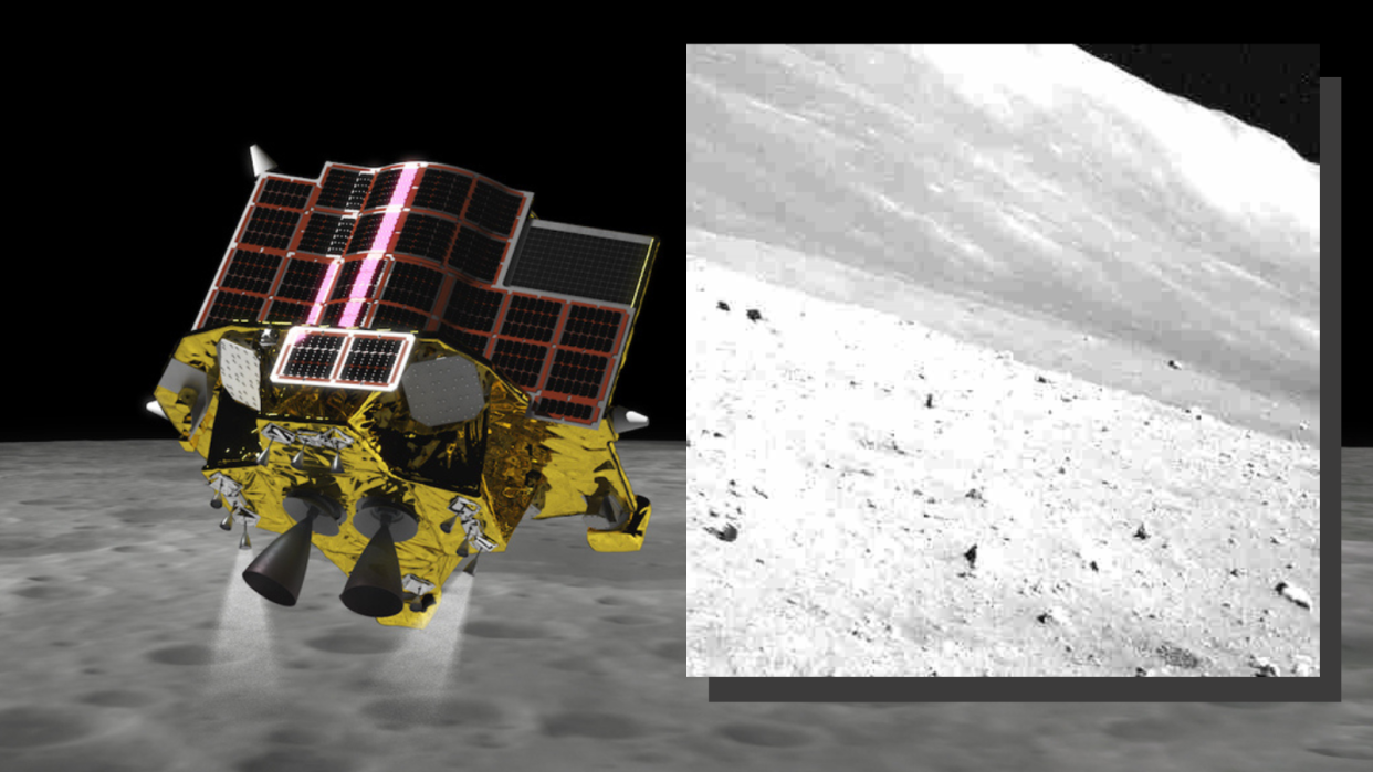  (Main) An illustration of the SLIM lunar lander approaching the moon (inset) An image of the lunar surface captured by the lander on April 23, 2024. 