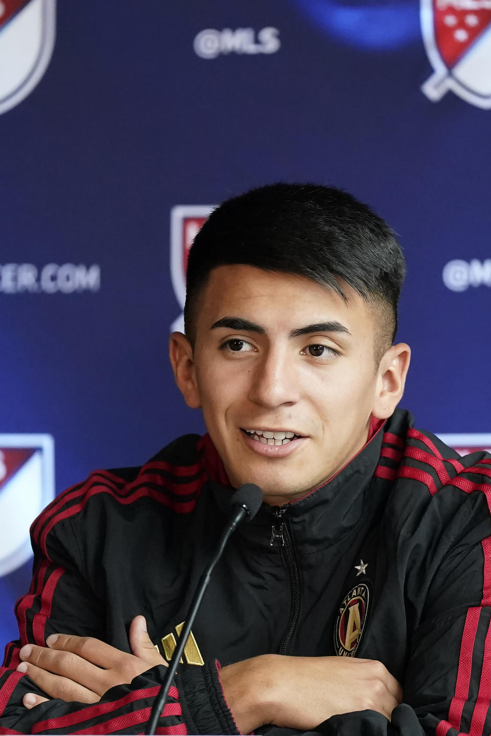 Atlanta United's Thiago Almada speaks during MLS soccer media day in San Jose, Calif., Tuesday, Jan. 10, 2023. (AP Photo/Jeff Chiu)