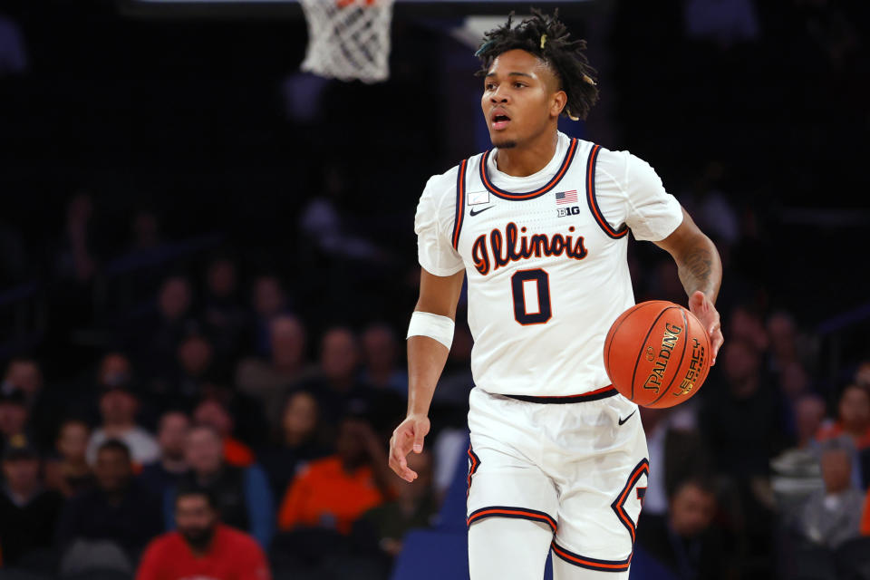 Illinois guard Terrence Shannon Jr. brings the ball up the court against Florida Atlantic during the Jimmy V Classic at Madison Square Garden in New York City, on Dec. 5, 2023. (Photo by Rich Schultz/Getty Images)