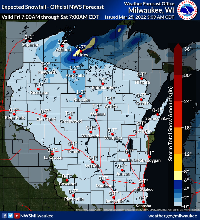 Scattered snow showers are possible across Wisconsin on Friday with heavier snow in the far northern portions of the state near Hurley.