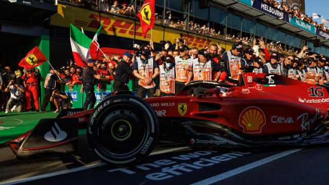 Charles Leclerc into parc ferme after winning in Melbourne. Australia April 2022 Credit: Alamy