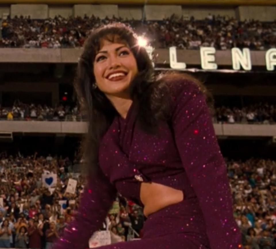 Jennifer Lopez as Selena greets fans at her Houston Astrodome concert