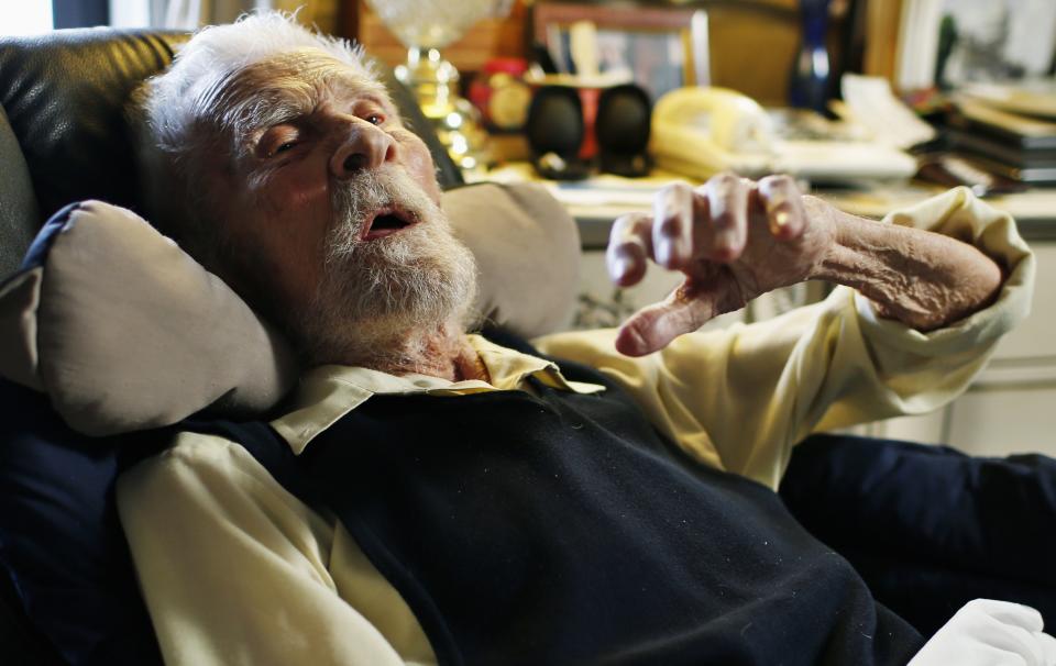 111 year-old Dr. Alexander Imich, the world's oldest living man, speaks during an interview with Reuters at his home on New York City's upper west side, May 9, 2014. Dr. Imich, who holds a Ph.d in Zoology, was born in Poland on February 4,1903, fled Poland when the Nazis took over in 1939, survived a slave labor camp in Russia and moved to the United States in 1951 where he became an author on parapsychology. REUTERS/Mike Segar (UNITED STATES - Tags: SOCIETY)