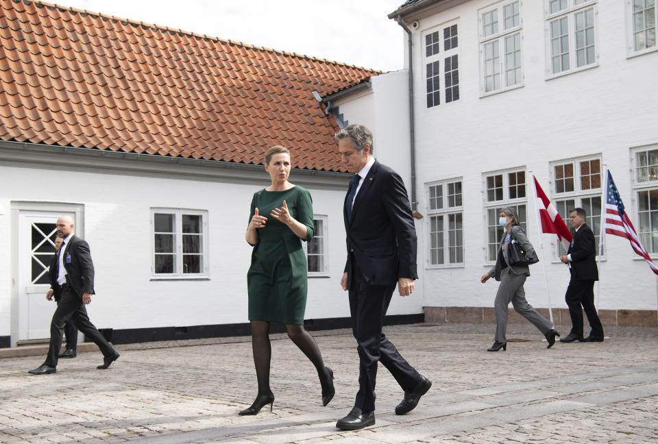 Danish Prime Minister Mette Frederiksen walks with US Secretary of State Antony Blinken as he leaves following meetings at Marienborg, the official residence of the Prime Minister, in Copenhagen, Denmark, May 17, 2021. U.S. Secretary of State Antony Blinken is in Denmark for talks on climate change, Arctic policy and Russia as calls grow for the Biden administration to take a tougher and more active stance on spiraling Israeli-Palestinian violence. (Saul Loeb/Pool photo via AP)