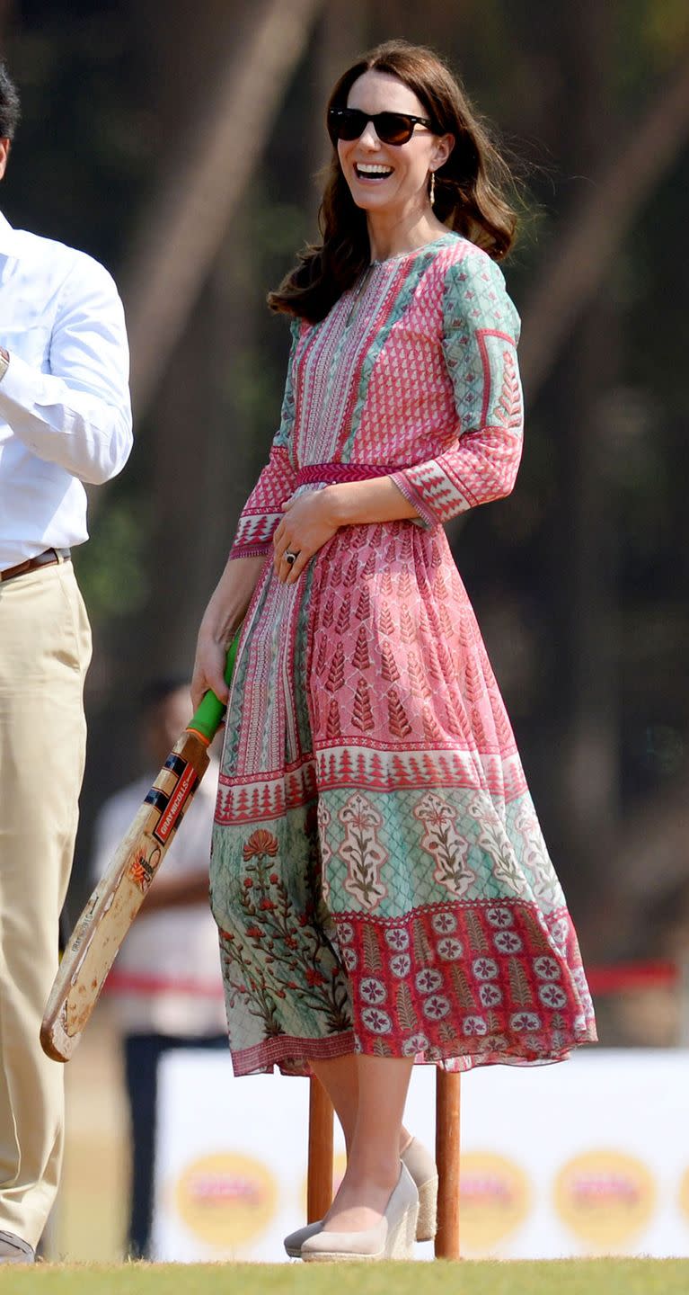 <p>Kate participated in a game of cricket in Mumbai wearing a bright patterned dress is by <a href="https://shop.anitadongre.com/" rel="nofollow noopener" target="_blank" data-ylk="slk:Anita Dongre;elm:context_link;itc:0;sec:content-canvas" class="link ">Anita Dongre</a>.</p>