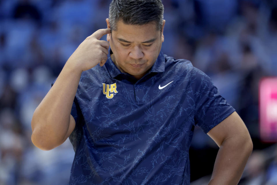 UC Riverside head coach Mike Magpayo reacts after a play during the second half of an NCAA college basketball game against North Carolina, Friday, Nov. 17, 2023, in Chapel Hill, N.C. (AP Photo/Chris Seward)
