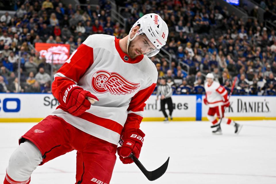 Detroit Red Wings right wing Filip Zadina (11) reacts after scoring against the St. Louis Blues during the first period at Enterprise Center in St. Louis on Tuesday, March 21, 2023.