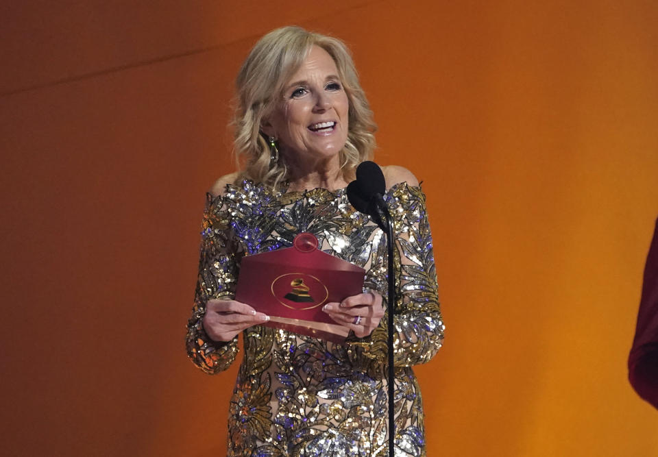 First Lady Jill Biden presents the award for song of the year at the 65th annual Grammy Awards on Sunday, Feb. 5, 2023, in Los Angeles. (AP Photo/Chris Pizzello)