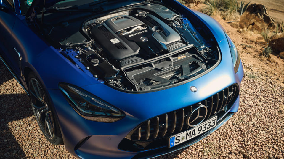 A look at the Mercedes-AMG GT 63's 4.0-liter bi-turbo V-8, which makes 577 hp and 590 ft lbs of torque.