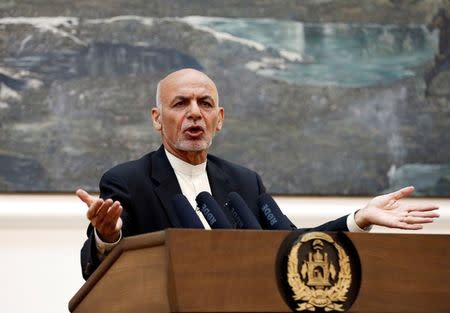 Afghan President Ashraf Ghani speaks during a news conference in Kabul, Afghanistan July 15, 2018. REUTERS/Mohammad Ismail/Files