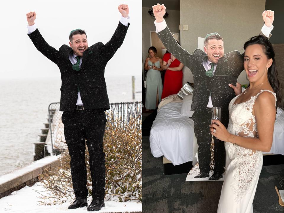 Bride stands with the cardboard cutout of the groom, a picture from their legal ceremony the year before