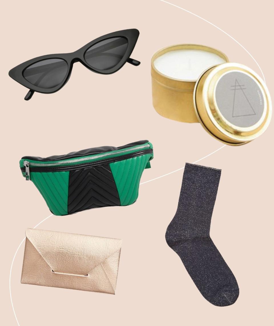 “Because you can’t really get one great quality piece of anything for $50, I’m opting for multiple outfit-enhancing pieces: metallic socks, cat-eye sunglasses, a fanny pack, business card holders, and a travel candle. I own all of those myself and keep rebuying them because I go through them fast. I own gray, black, orange, green, and blue metallic socks—I love them with men’s shoes, sneakers, even ballet flats and low boots! Cat-eye sunglasses are my travel sunnies; I shove them in my purse and be gone—I call that ‘Clem proof,’ as I’m so clumsy! I started a collection of cool, quirky fanny packs—I love being hands-free while walking. I have three different business card holders for my three businesses; depending on my meeting, I pull one or the other. They’re color coded so I know, and super small so they fit in the fanny pack! , I love to take a candle with me on my travel—don’t forget matches—to feel a bit like home everywhere I go.” 
 —Clementine Desseaux, model and blogger