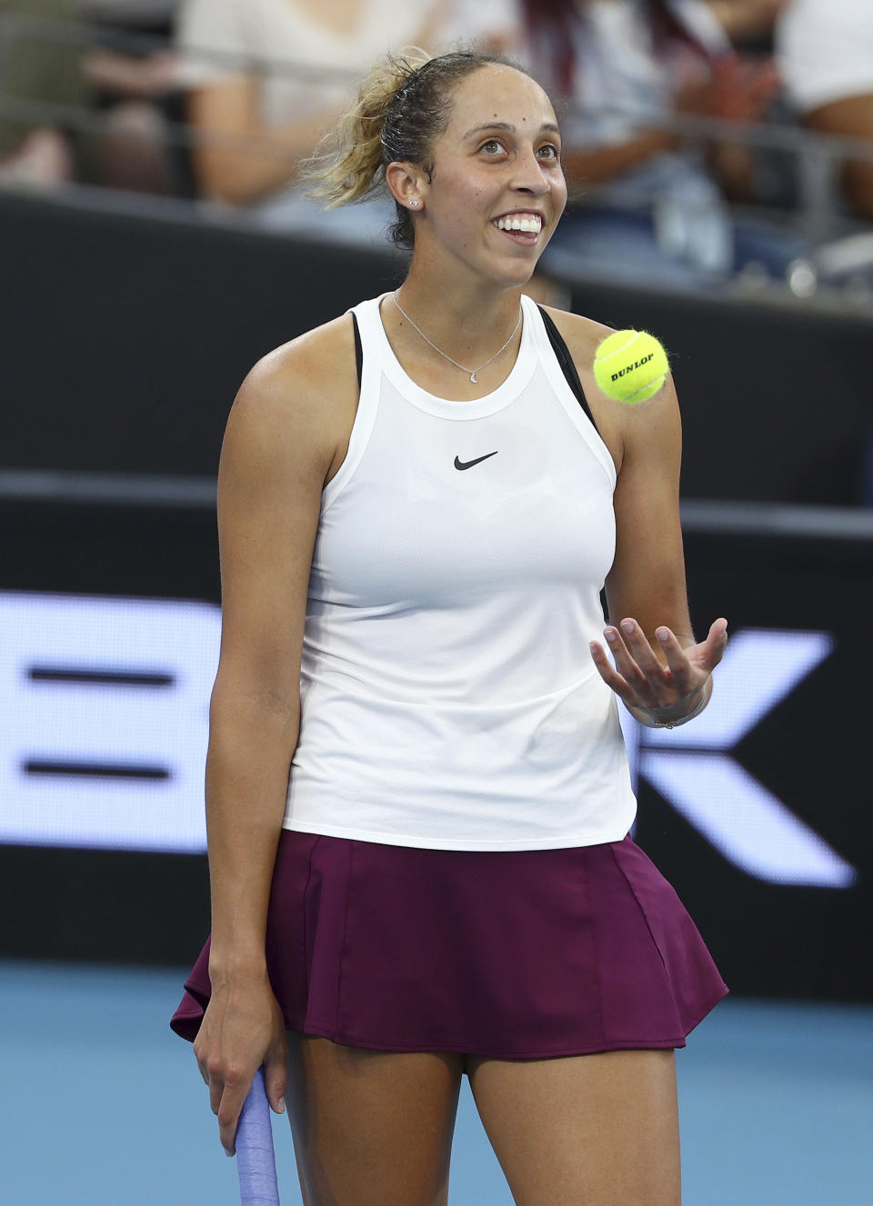 Madison Keys of the United States reacts after missing a point during her final match against Karolina Pliskova of the Czech Republic at the Brisbane International tennis tournament in Brisbane, Australia, Sunday, Jan. 12, 2020. (AP Photo/Tertius Pickard)