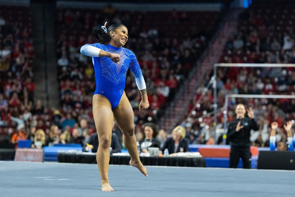 UCLA’s Jordan Chiles reacts during the Pac-12 Gymnastics Championships at the Maverik Center in West Valley City.